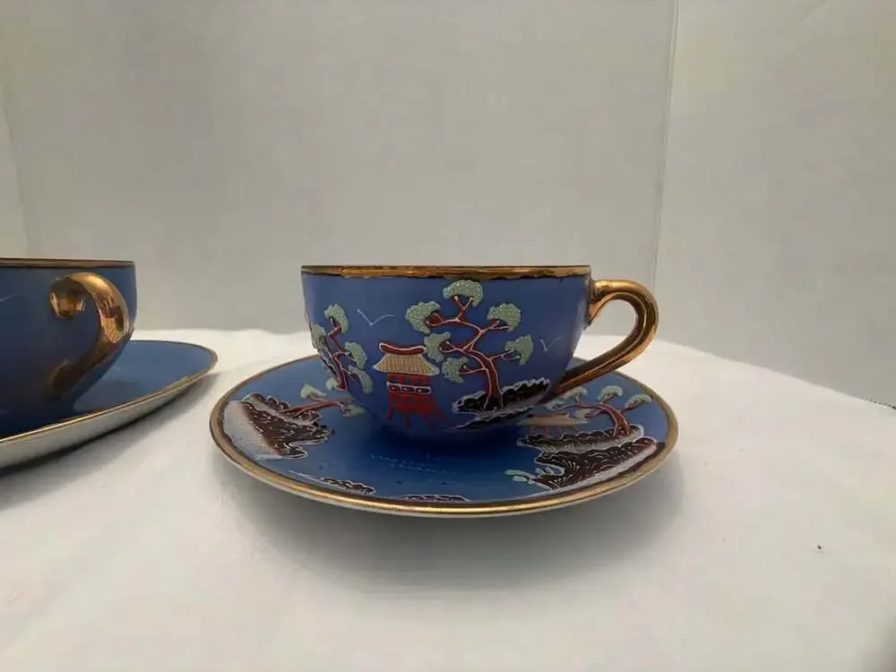 Hinode Cup & Saucer Set Blue Japanese Pagoda Moriage